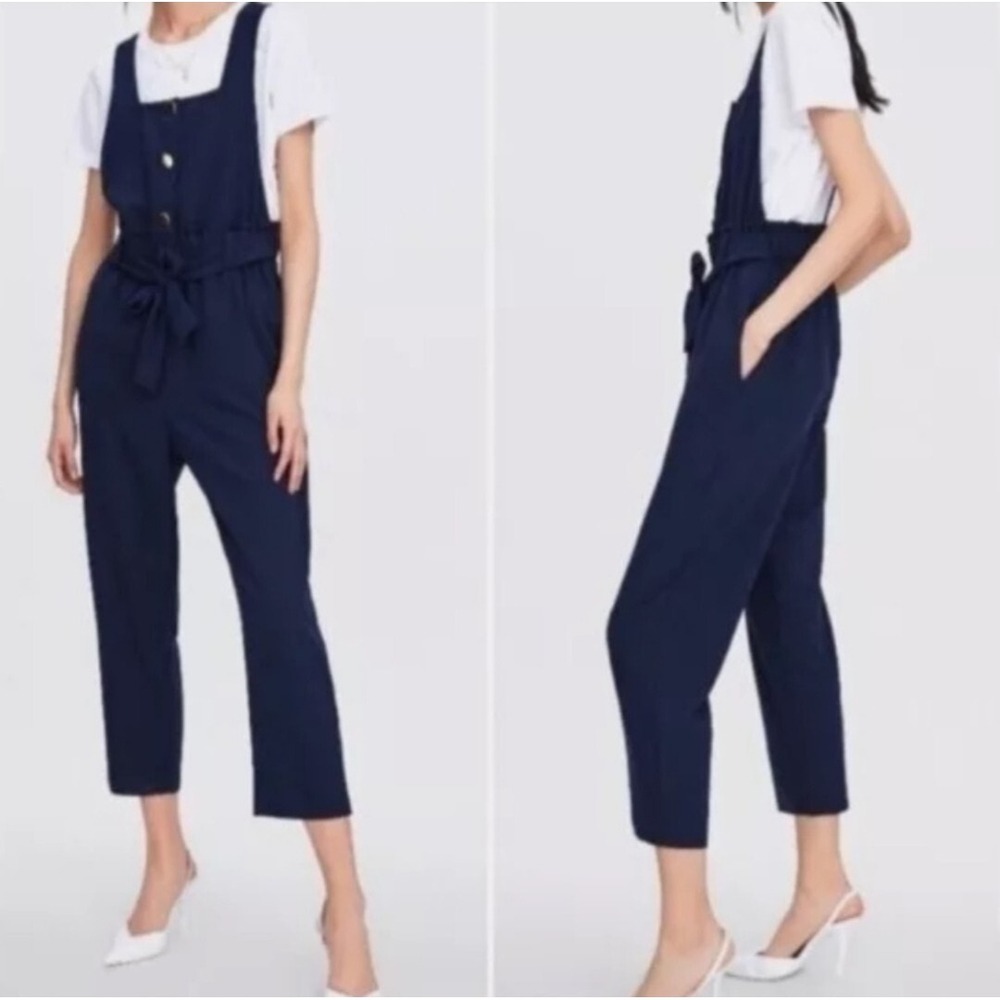 ZARA TRAFALUC NAVY BLUE NAUTICAL BELTED GOLD BUTTON JUMPSUIT Overalls Adjustable
